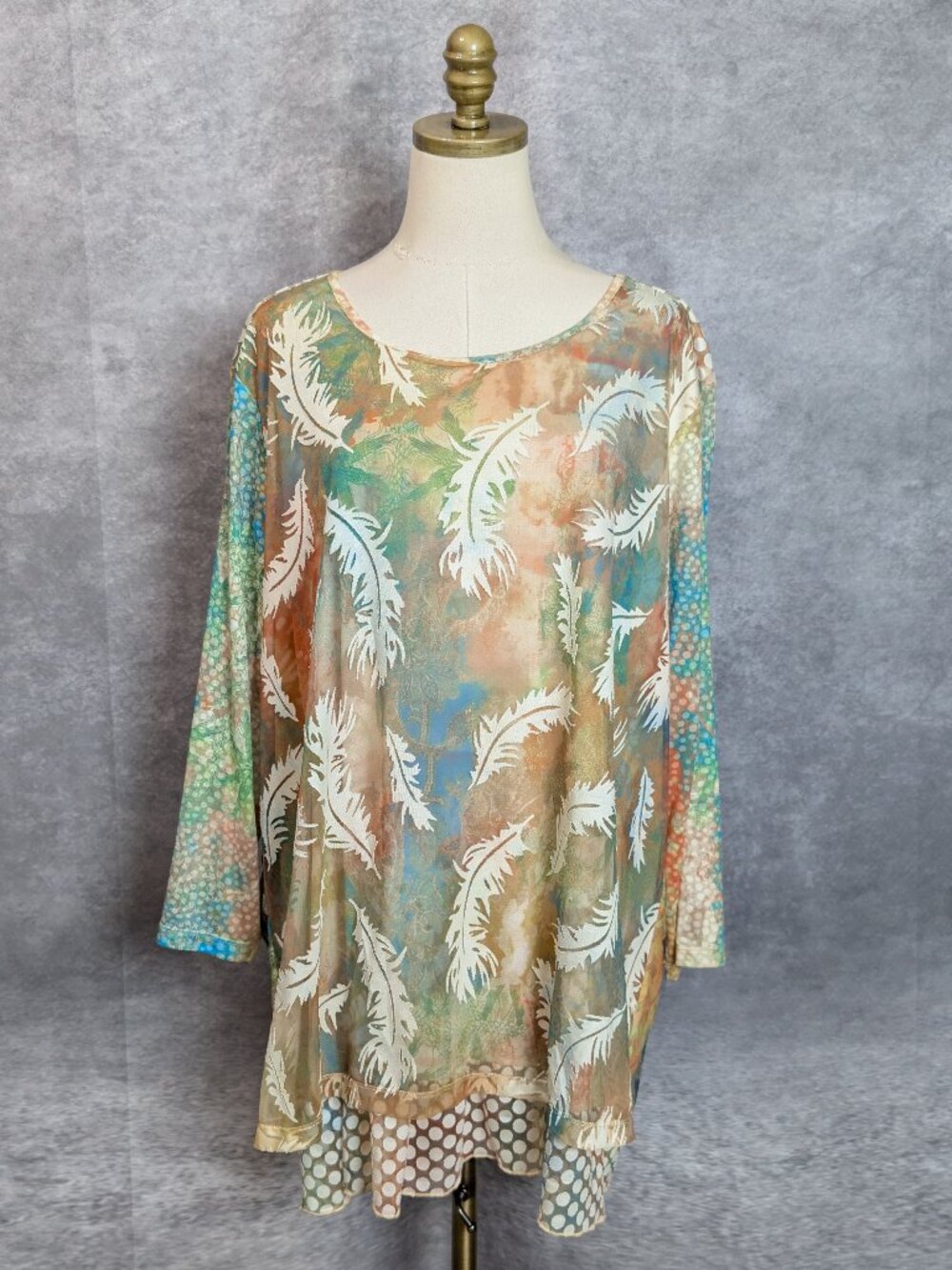 Multiples Sheer Feather Print Tunic Plus 2X Lightweight Overlay Polka Dot Accent